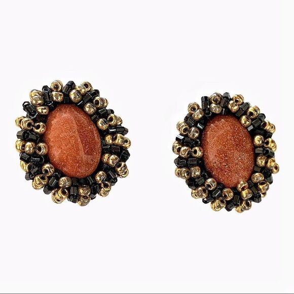 Vintage polished goldstone earrings with gold black glass beaded bezel … - Picture 4 of 7